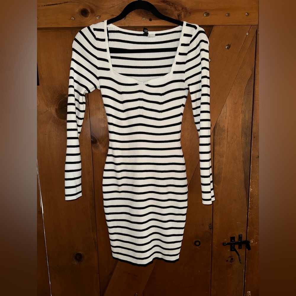 H&M Divided Black & White Striped Long Sleeve Bodycon Dress Sz Small